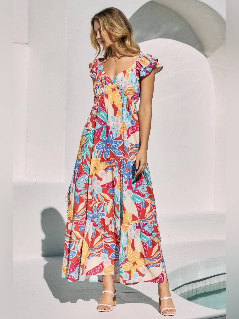 Oddy Red Floral V-Neck Layered Flutter Short Sleeve Midi Dress NWT